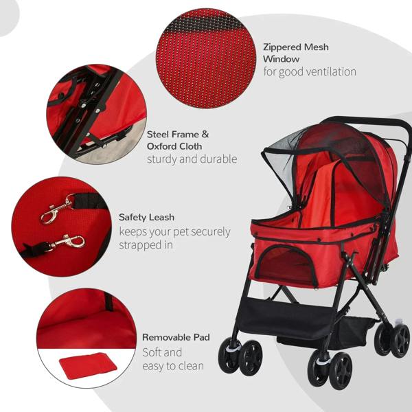 Red pet stroller with zipped mesh window, safety leash, removable pad, and steel frame.