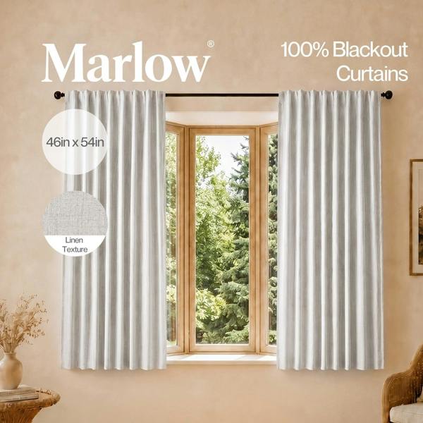 Marlow 100% Blackout Curtains Thermal Linen Look Ready Made 46x54 in Light Grey