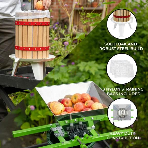 KuKoo Fruit Crusher with solid oak build, 18-litre fruit press, and three nylon straining bags, perfect for juicing apples