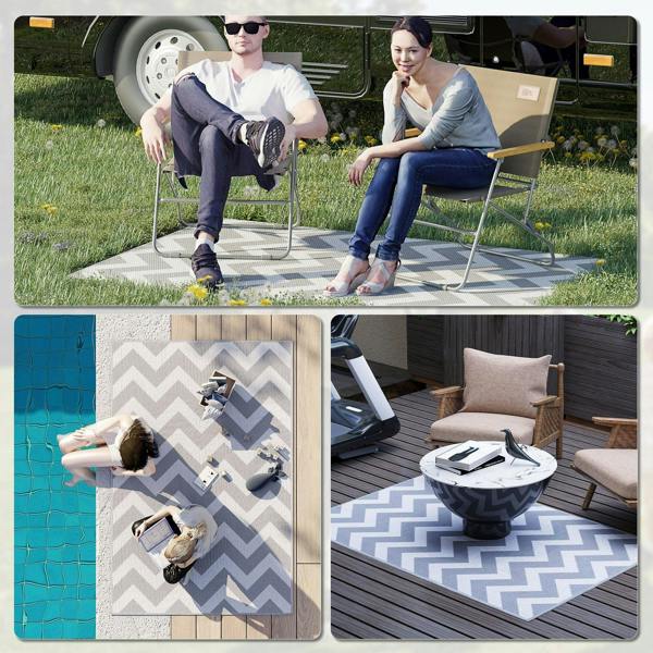 Reversible outdoor rug mat with light grey and white zigzag chevron pattern shown in use