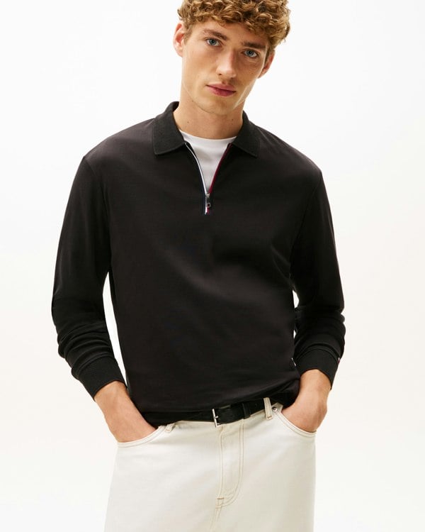 Tommy Hilfiger Interlock Mens Long Sleeve Zip Polo - Black