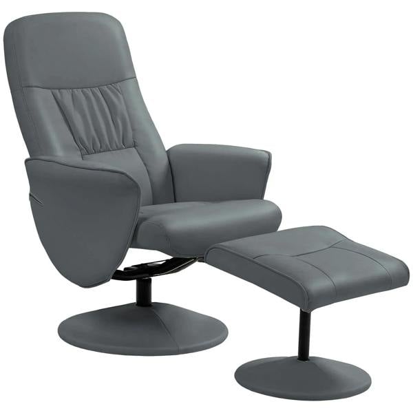 Grey PU leather swivel recliner with high back, padded armrests, and extended ottoman