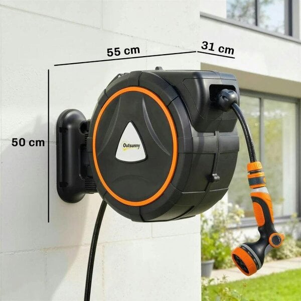 Bobobiy 25m Retractable Hose Reel Wall Mounted with Auto Retraction, Self-Locking, Slow Return System, 12-Pattern Nozzles