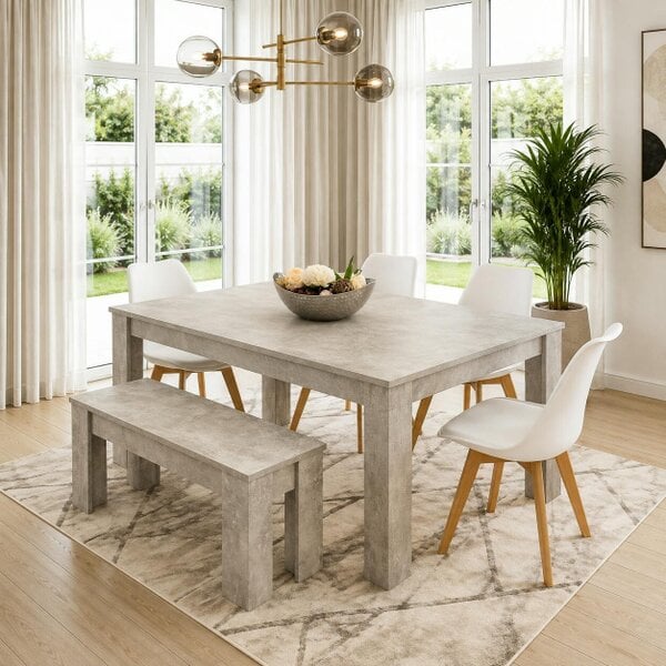 Kosy Koala Stone Grey Effect Wood Dining Table Set with Bench and 4 White Plastic Chairs ? Modern Dining Room Furniture