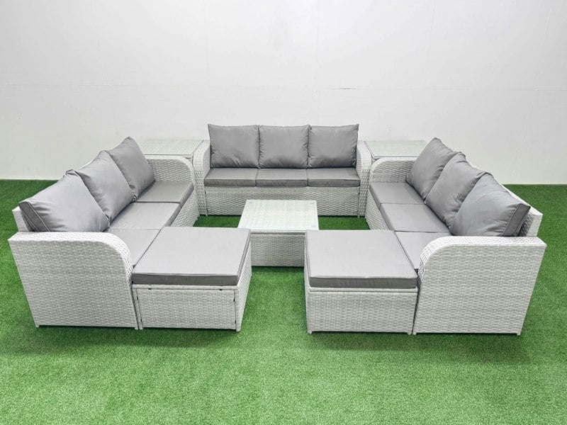 Fimous Rattan Lounge Sofa Set 11 Seater Outdoor Garden Furniture Set with Square Coffee Table 3 Seater Sofa 2 Big Footstools 2 Side Table Light Grey