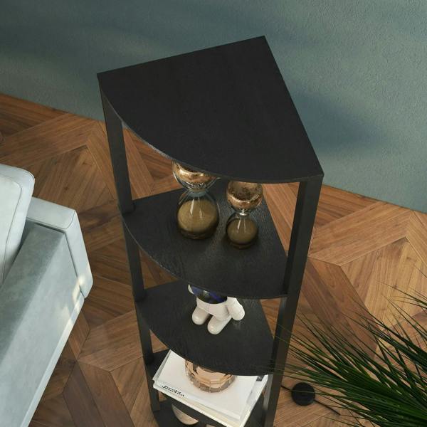 Black angled view of tall floor lamp with shelf levels and warm illuminated center