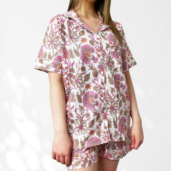 Hayley & Co Block Print Floral 100% Cotton Short Pyjama Set in White and Pink