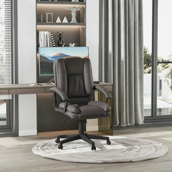 Brown mid-back office chair with padded seat, backrest, and armrests on caster wheels