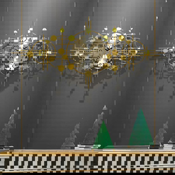 Cohen Art Deco Gold Wall Clock, Silent Clock, Horizontal Or Vertical in a lifestyle setting with sideboard living room