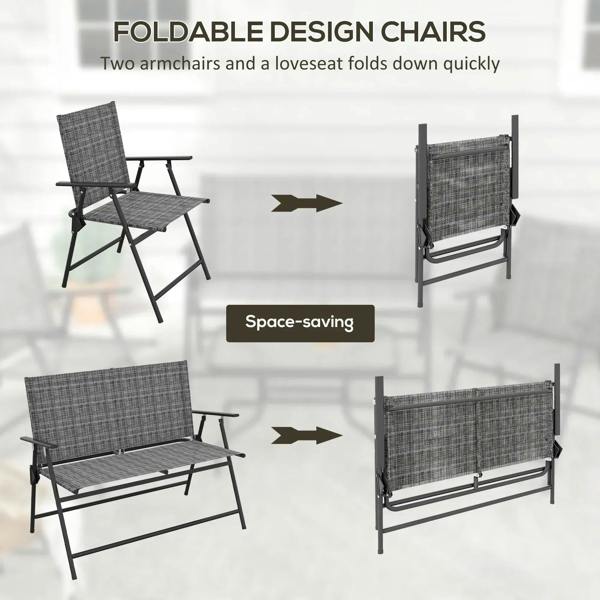 Foldable light grey metal patio chairs and loveseat with high backs