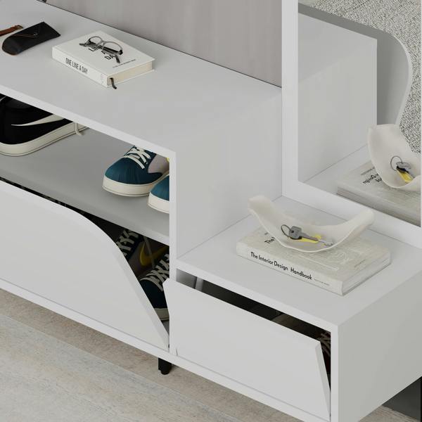 Decortie Modern Mila Coat Stand Set with Mirror and 2-Door Shoe Cabinet with 5 Metal Hooks Hanger 1.72(H)cm
