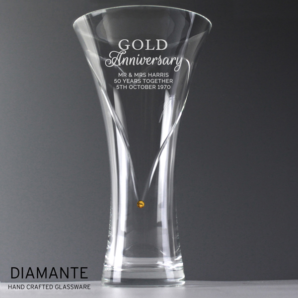 Personalised Memento Company Personalised Gold Anniversary Large Hand Cut Diamante Heart Vase