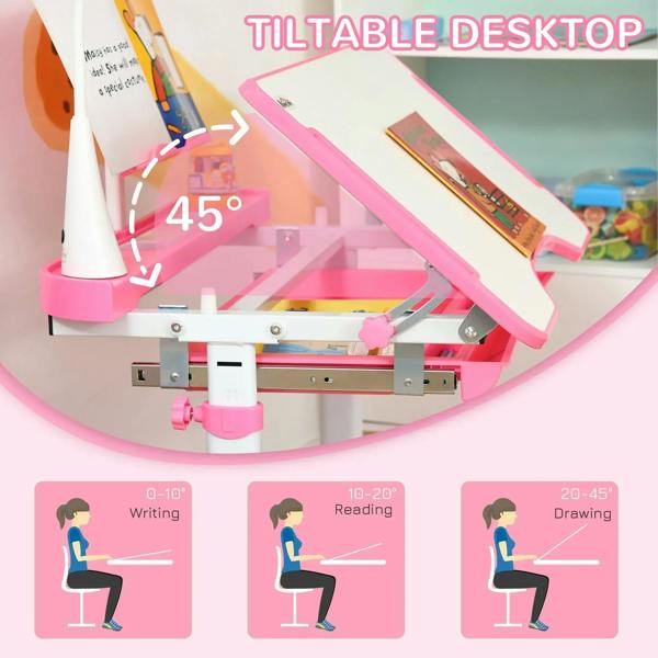 Pink tiltable kids desk desktop with gooseneck lamp and adjustable writing angle
