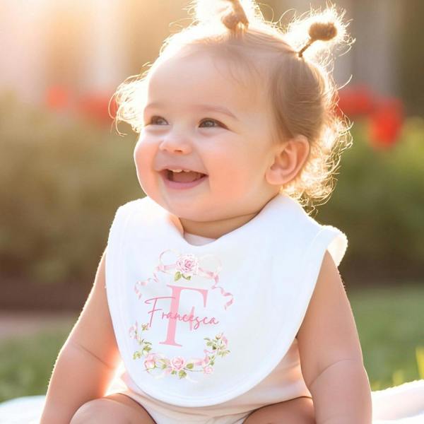 Personalised Pink Roses Baby Grow, Vest or Bib with Name