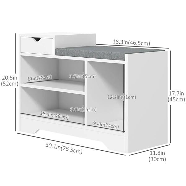 White shoe bench with gray cushioned top, drawer, and open compartment storage