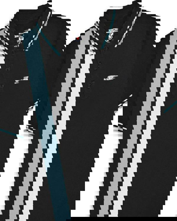 Lambretta Mens Vertical Stripe Classic Mod Ska Casual Smart Polo, black polo shirt featuring vertical blue, white, and black stripes, with Lambretta logo embroidery and a ribbed collar with striped detailing.