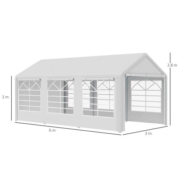 White 6m x 3m gazebo tent with gabled roof and side clear window panels
