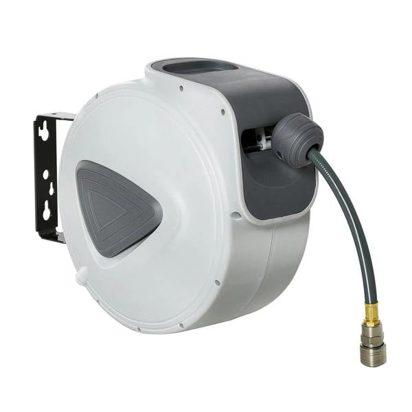 Wall-mounted retractable air hose reel in white and grey with coiled hose and connector