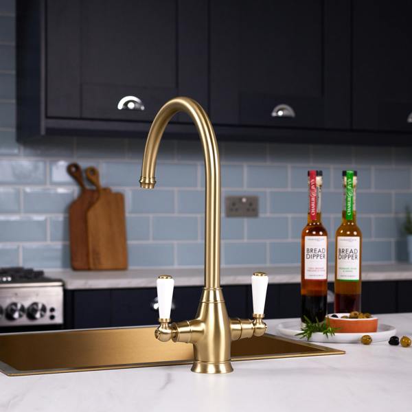 Flode Halden | Dual Lever Kitchen Sink Mixer Tap with Swivel Spout | Brushed Brass Finish