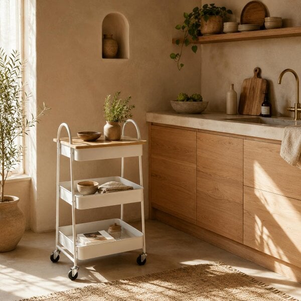 Wyld Haus Satoro Wooden White And Oak 3 Tier Kitchen Trolley With Covered Top