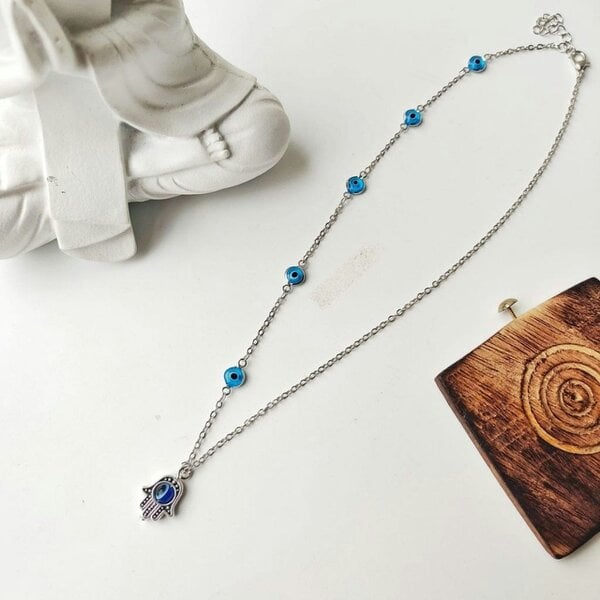 The Colourful Aura Half Evil Eye Necklace Hamsa Charm Silver Protection Choker Necklace