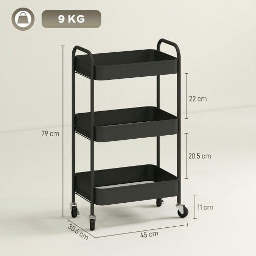 Wyld Haus Varafi Metal Black 3 Tier Steel Storage Trolley With Wheels