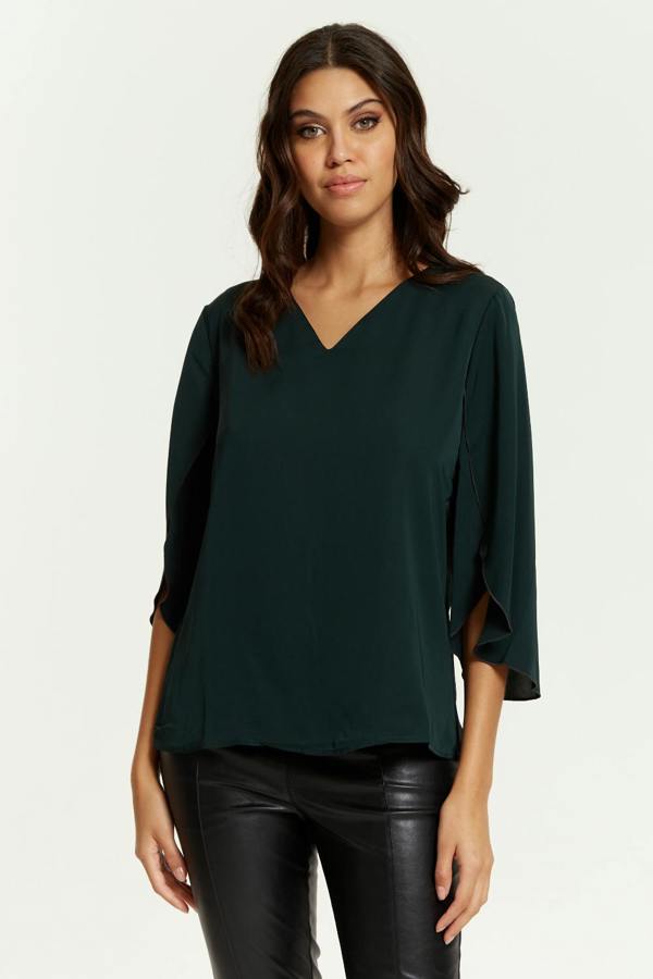 Hoxton Gal Oversized V Neck Top with Split Sleeves in Bottle Green