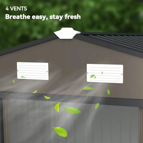 Metal garden shed roof with four ventilation vents for airflow