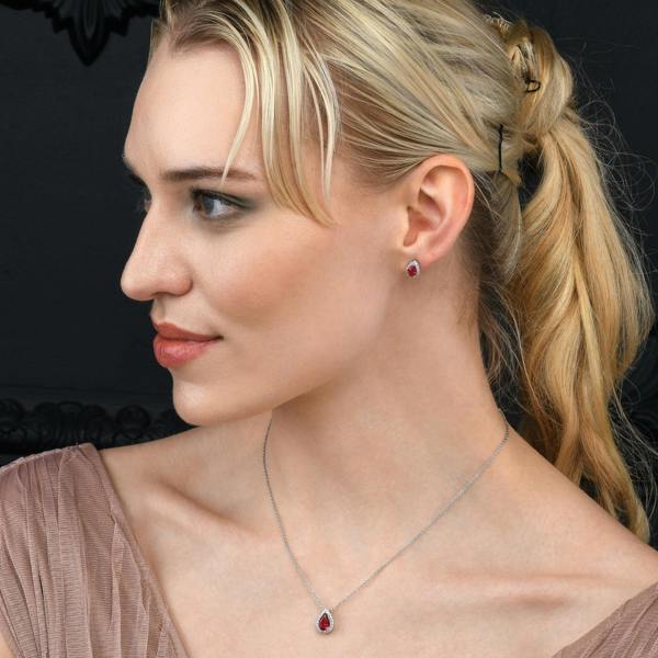 namana 925 Sterling Silver Pear Drop Red Halo Pendant Necklace for Women