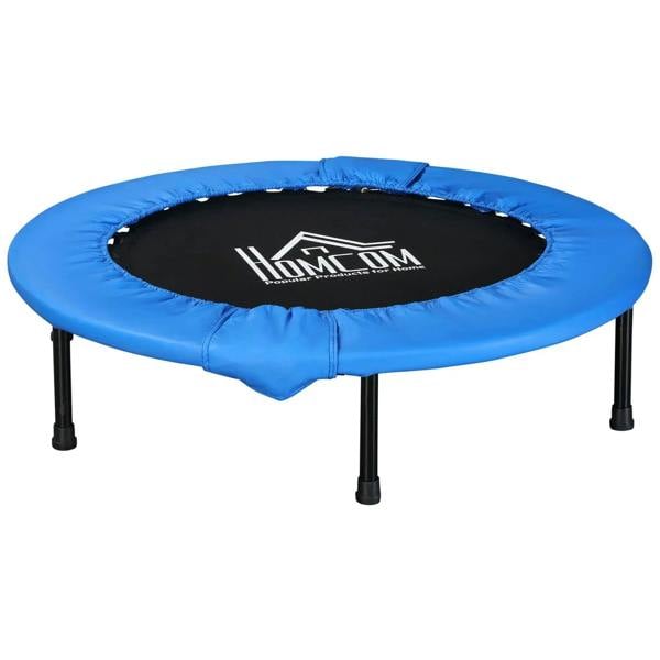 Blue round mini fitness trampoline with black jumping surface and padded safety edge