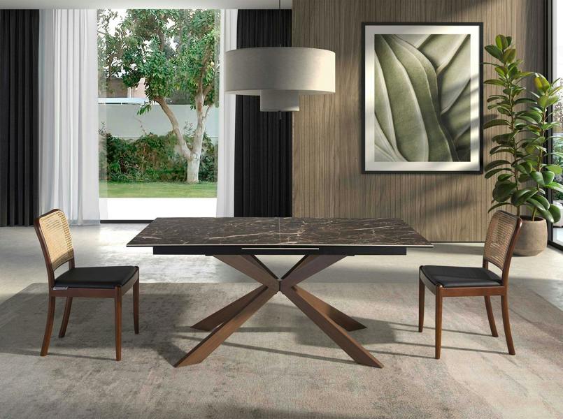 Angel Cerdá Rectangular porcelain marble and walnut effect steel extending dining table 1121
