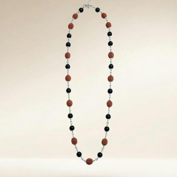 The Colourful Aura Silver Plated Rudraksha & Black Spiritual Necklace