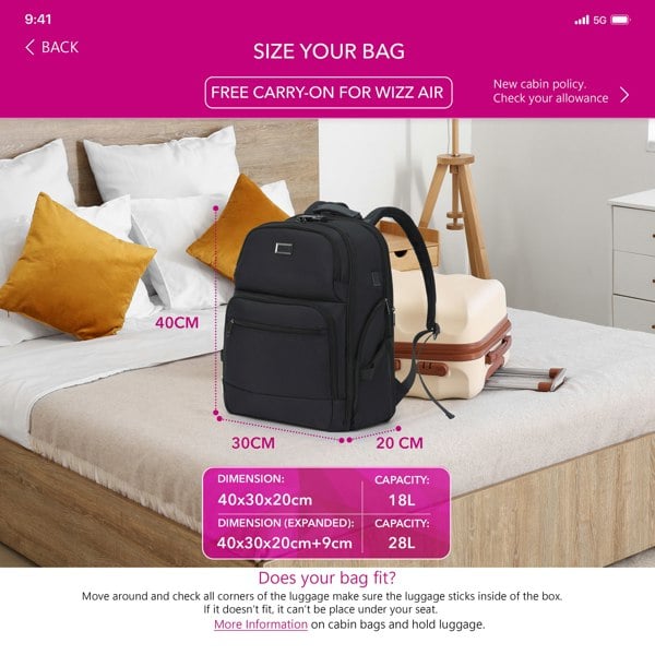 Cabin Pro 'Stride' 40x30x20cm Wizz & Vueling Cabin Bag Backpack TSA Approved Lock