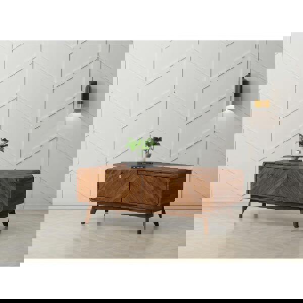 Coffee table in a modernly decorated living room. It shows the 2 cupboards and the top surface area in use.