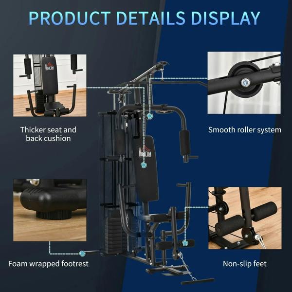 Home gym station detail: thick black seat and back cushions, smooth rollers, non-slip feet