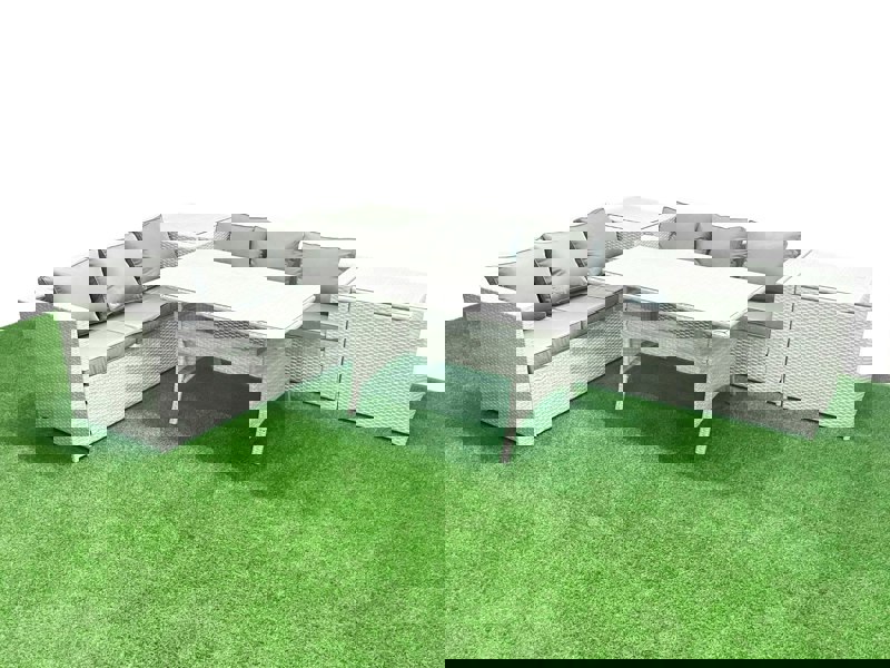 Fimous Rattan Garden Furniture Set 6 Seater Outdoor Sofa Set with Dining Table 2 Side Tables Light Grey Mixed