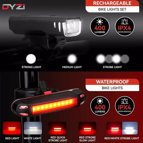 Dyzi Bike Bicycle Light Set USB Rechargeable 4 Modes Daylight Sensor