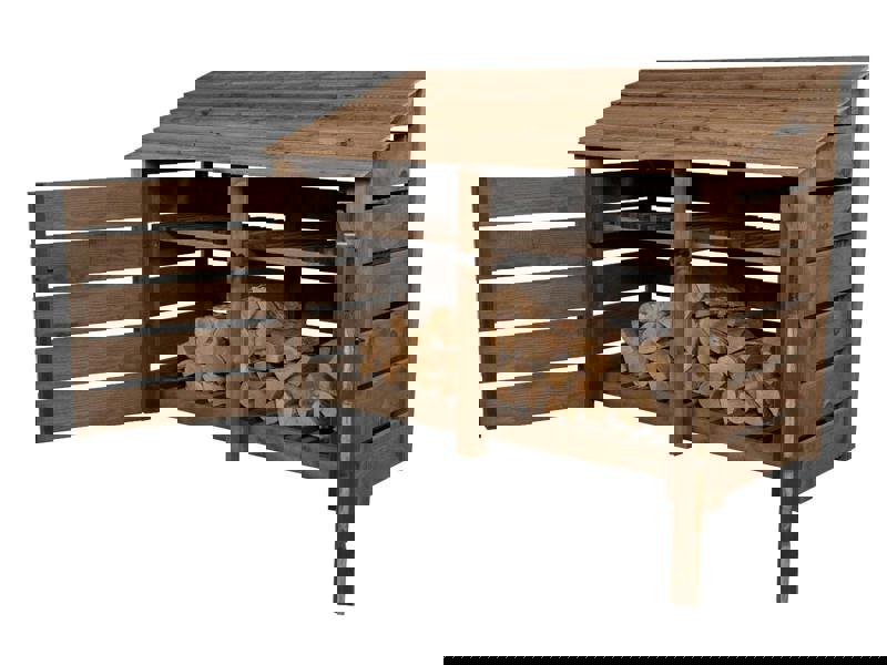 Arbor Garden Solutions Slatted Wooden Log Store with Doors And Shelf W-187cm, H-126cm or 180cm, D-88cm - Brown Finish