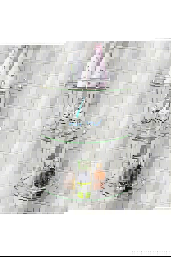 Living and Home 3 Tiers Tempered Glass Corner Shelf with Steel Bathroom Rail Wall Mounted