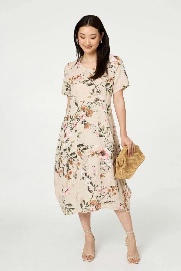 Linen | Floral Short Sleeve Oversized Midi Dress