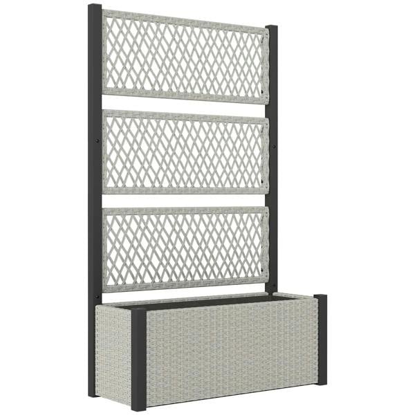 Grey garden planter box with trellis and woven-texture liner for climbing plants