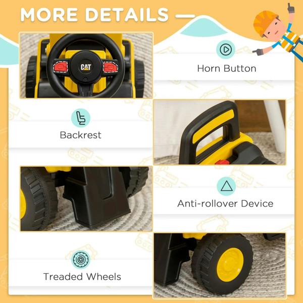 Yellow CAT ride-on excavator with steering wheel horn button and contoured backrest