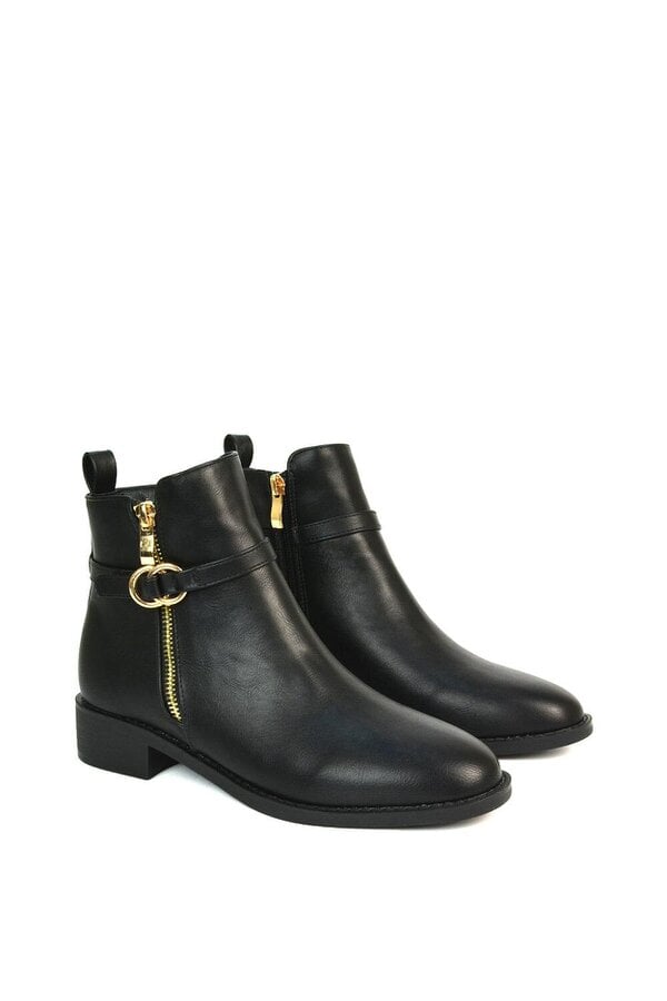 XY LONDON Flat Low Heel Ankle Booties With Decorative Buckle and Zip