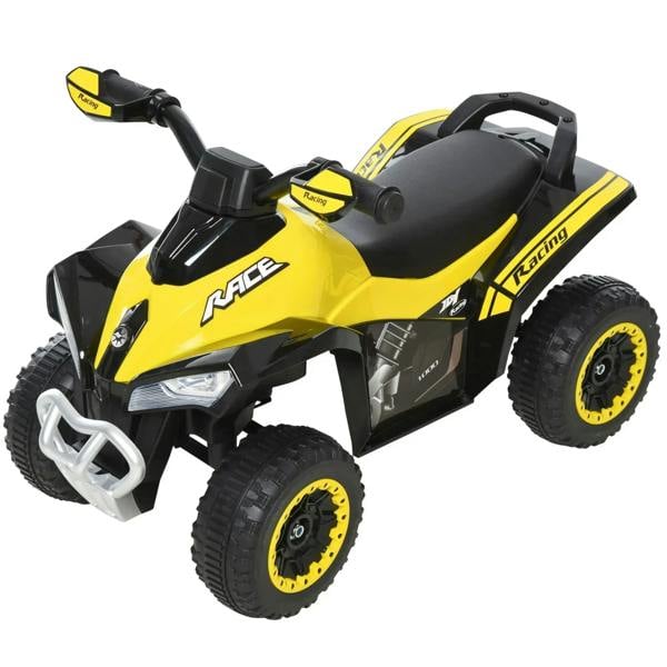 Yellow toddler ride-on car walker with black seat, four wheels, and front push bar