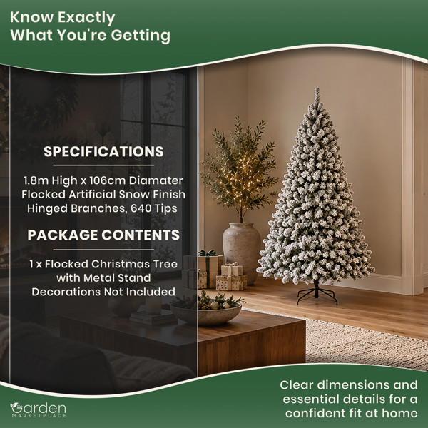 Flocked Woodcote Spruce Artificial Christmas Tree with Snow, 1.8m, 640 Tips, Hinged Branches, 106cm Wide, Metal Stand