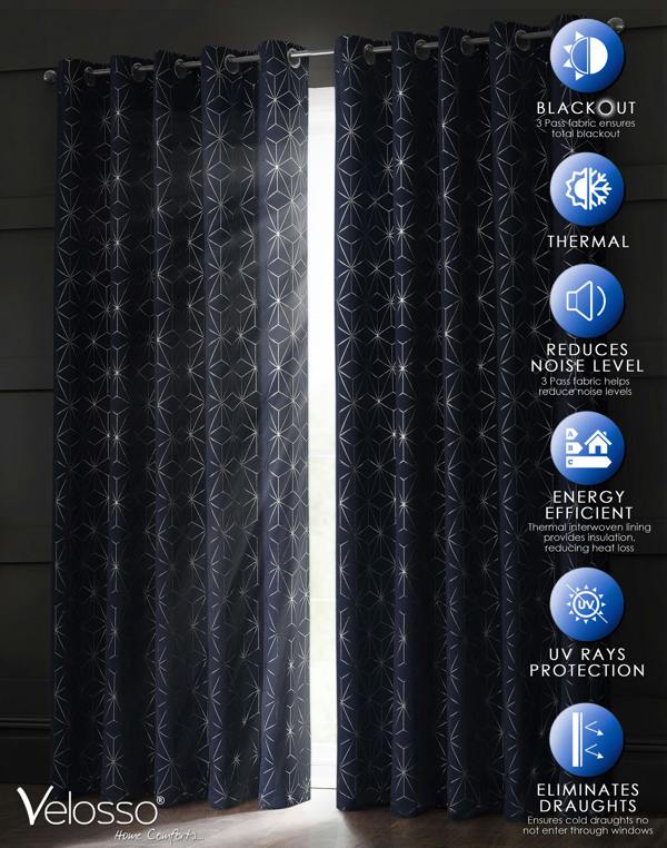 Velosso Versatile Geometric Blackout Curtains, Ring Top Finish, Energy Saving, Thermal, Stylish and Fade Resistant - 117cm x 183cm