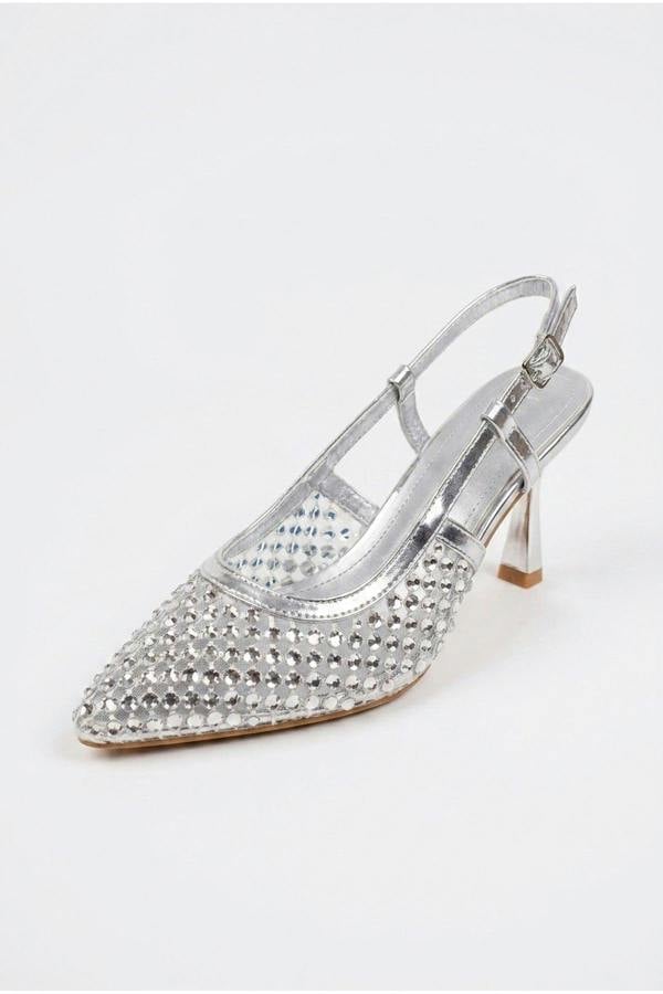 Constance Crystal Embellished Pointed Toe Heels - Silver