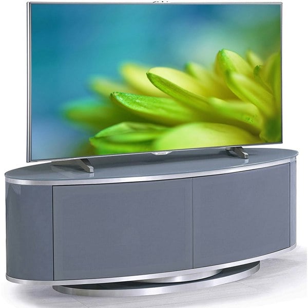 MDA Designs LUNA Grey Oval Cabinet with Grey Profiles & Grey BeamThru Glass Doors Suitable for Flat Screen TVs up to 50"