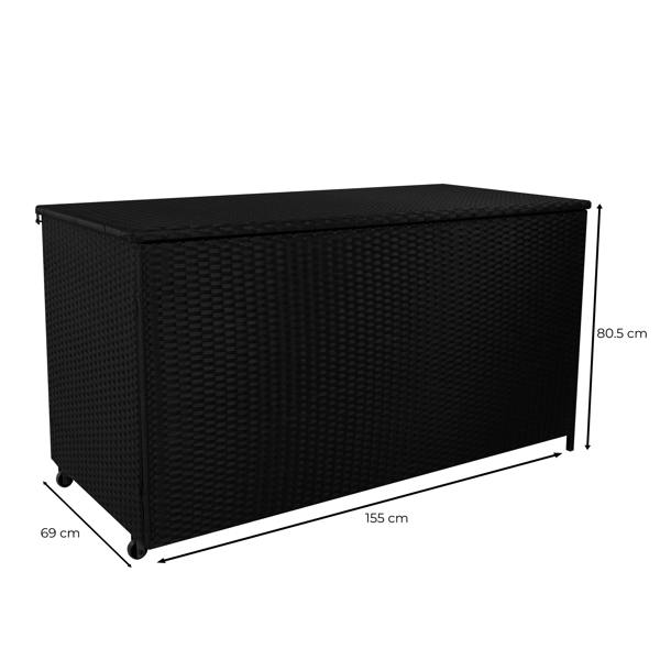 Black rattan cushion storage box with a woven texture, measuring 155 cm long, 69 cm wide, and 80.5 cm high, ideal for outdoor use