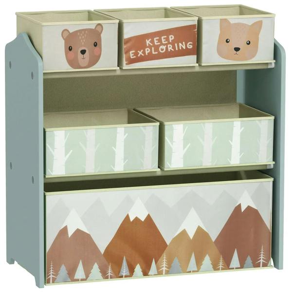 Kids green storage unit with six fabric bins and stacked cubbies, animal front panels